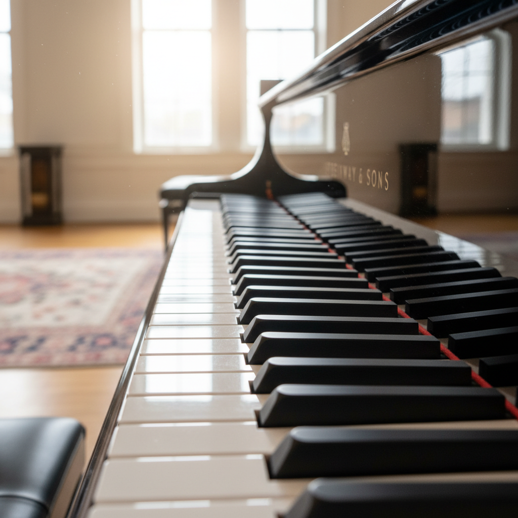 햇살이 비치는 밝은 스튜디오에서 정교하게 연마된 그랜드 피아노의 흰색과 검은색 건반을 클로즈업한 고해상도 사진으로 고급스러운 광택과 질감이 돋보이는 이미지