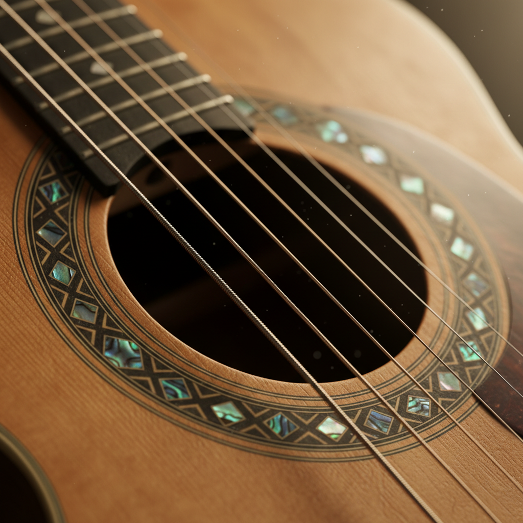 장인의 손길이 느껴지는 어쿠스틱 기타의 사운드홀과 정교한 로제트 장식 그리고 팽팽하게 당겨진 기타 줄의 금속 질감을 강조한 감성적인 매크로 촬영 이미지