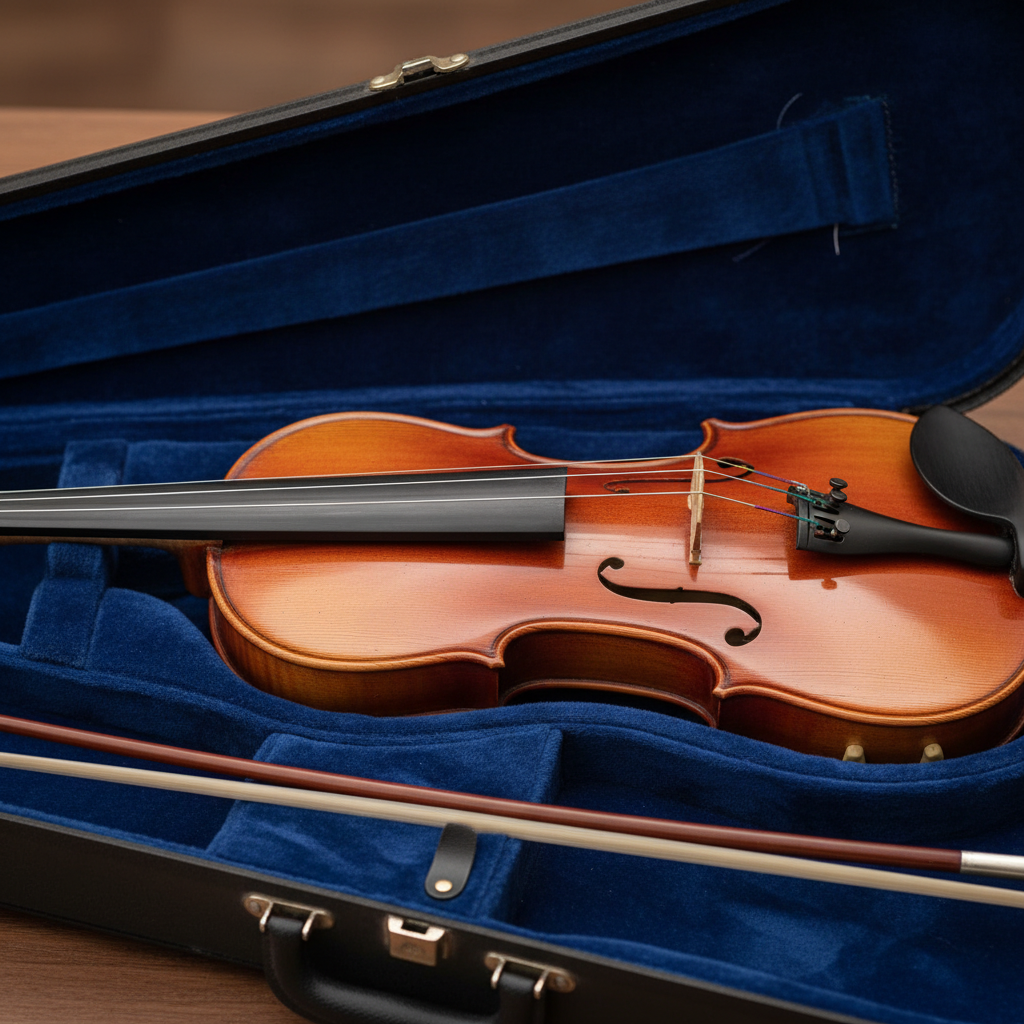 은은한 조명 아래 벨벳 안감의 케이스에 놓인 클래식 바이올린과 활의 모습으로 나무 고유의 나뭇결과 매끄러운 바니시 마감이 돋보이는 예술적인 사진