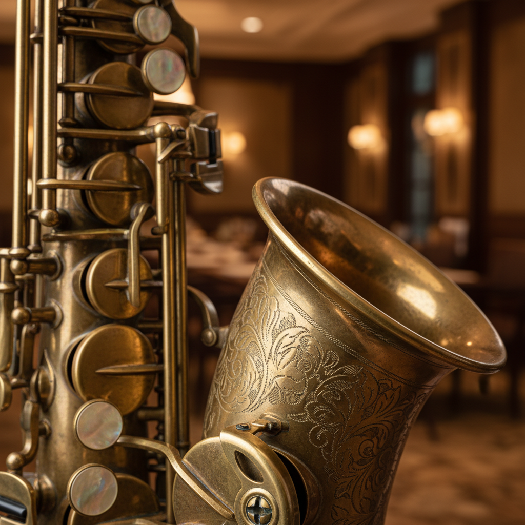 고급스러운 황동 재질의 빈티지 색소폰 벨 부분에 새겨진 정교한 문양과 자개 버튼을 상세하게 포착한 깊이감 있는 아웃포커싱 이미지