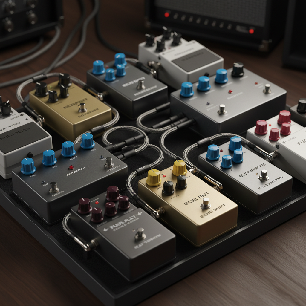 다양한 색상의 노브와 스위치가 배치된 일렉트릭 기타 이펙터 페달보드를 위에서 내려다본 깔끔한 구도의 사진으로 음악 장비의 기계적인 미학을 강조한 이미지
